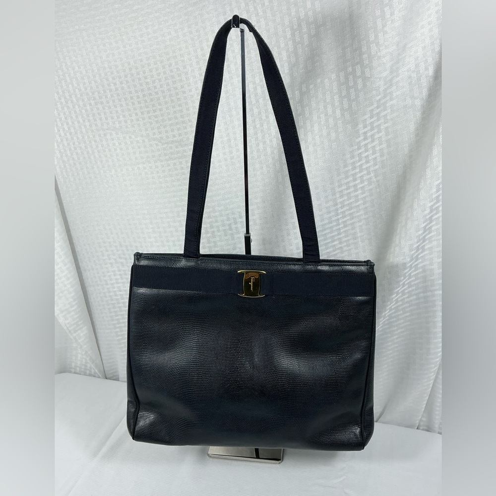 3198: Vintage Salvatore Ferragamo Vara Black Leather Tote Bag